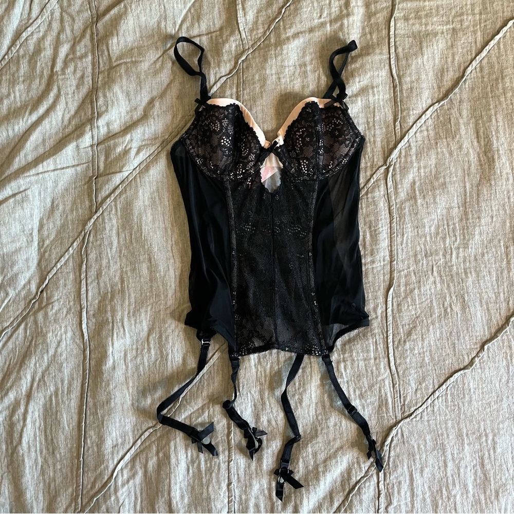 Victoria’s Secret black and light pink lace bustier with garter clips